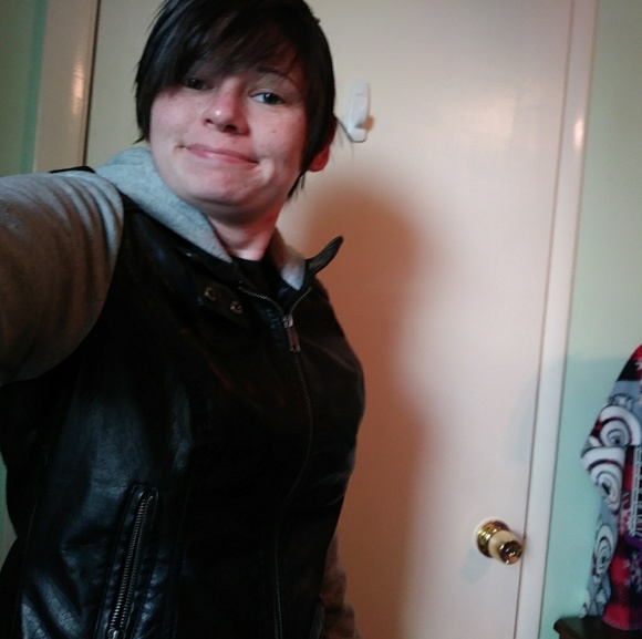 A faux leather jacket; cloth sleves and hood - Picture 3 of 4